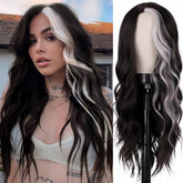Sabosi front view of long wavy black white wig showing natural style and volume