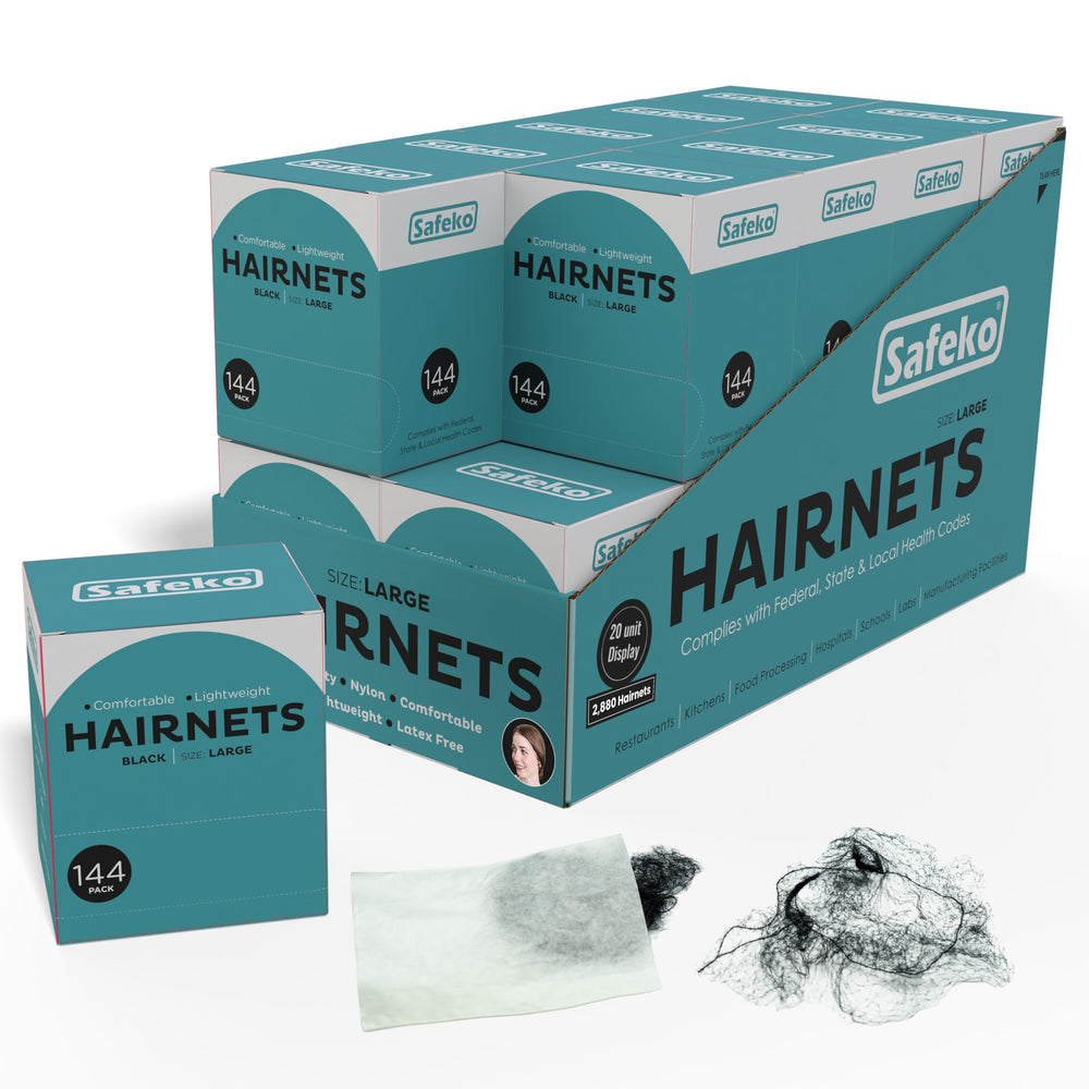 SAFEKO front packaging showing 144-count black hair nets, clear value pack benefit