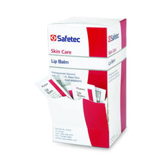 Safetec foil packet front view showing compact pomegranate lip balm, easy portability