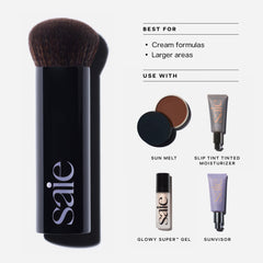 Saie brush in use on cheek demonstrating seamless buffing and natural finish
