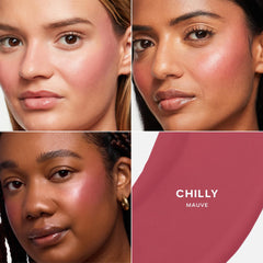 Saie Dew Blush texture swatch on skin demonstrating blendable, dewy finish