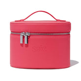 Saie Mini Vanity Case front view showing fuchsia vegan leather and secure zip, adds polish