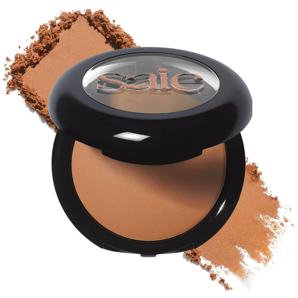 Saie SuperSuede front pan Napoli showing warm bronzer shade and finish benefits