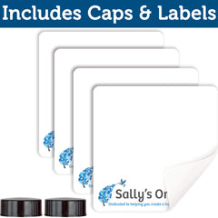 Sally's Organics adhesive labels and spare caps displayed for organized refill benefit