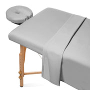 Saloniture front view of light gray sheet set showing professional presentation and neatness