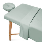 Saloniture front view of seafoam green sheet set showing neat professional presentation