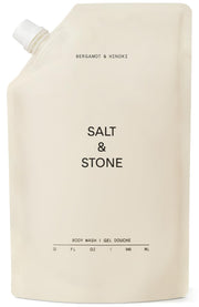 Salt & Stone front view of refill pouch showing bergamot hinoki scent and size benefit