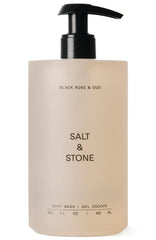 Salt & Stone front bottle showing black rose oud scent and sleek design benefits bathroom display