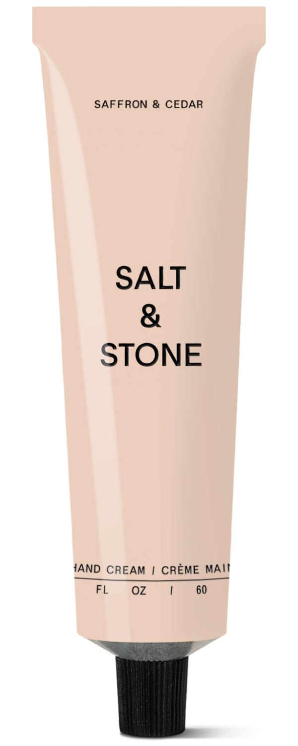 Salt & Stone front tube showing saffron and cedar scent and compact size for travel