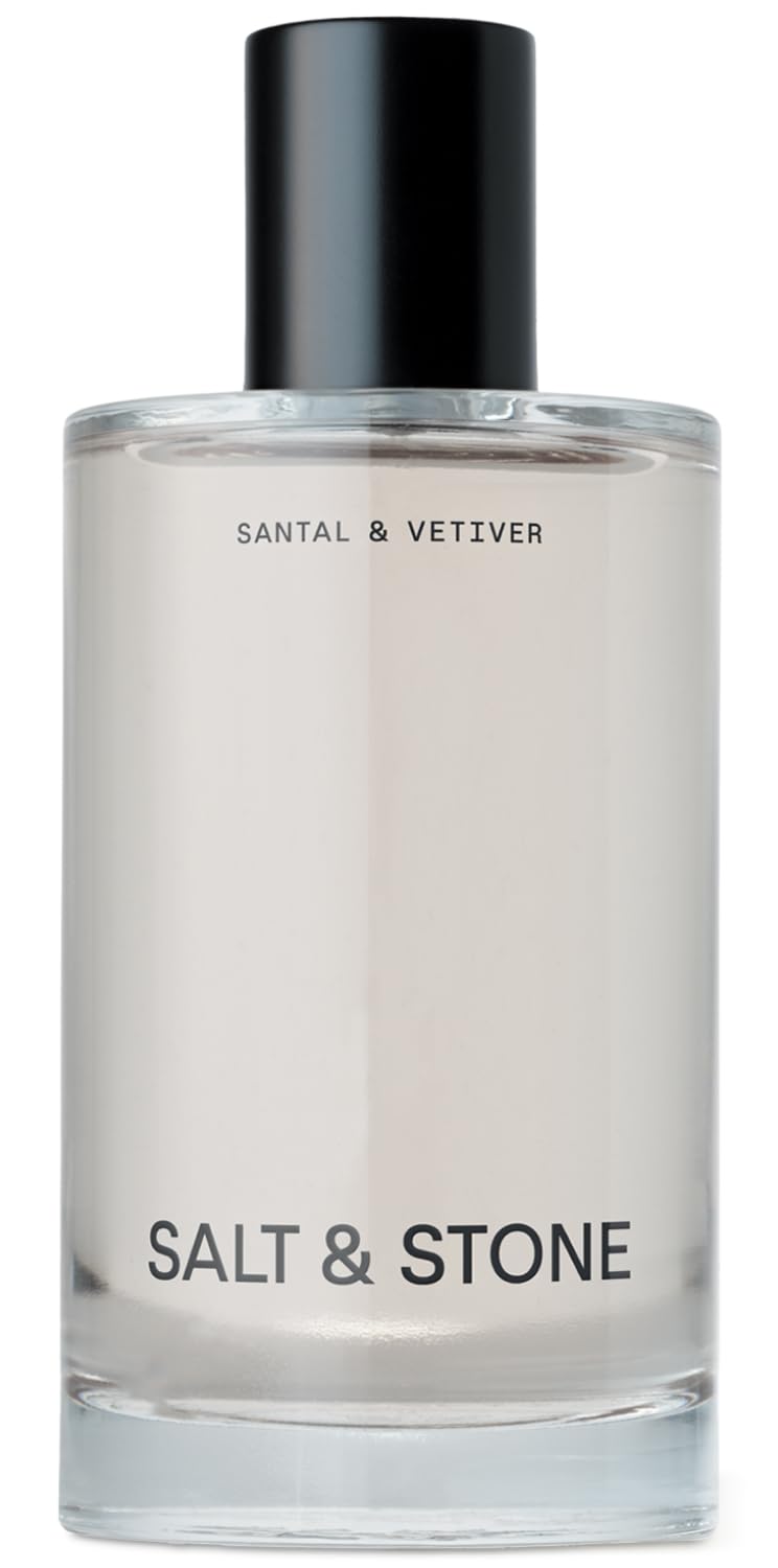 Salt & Stone bottle front packaging showing Santal & Vetiver fragrance, clear branding and warm tones.