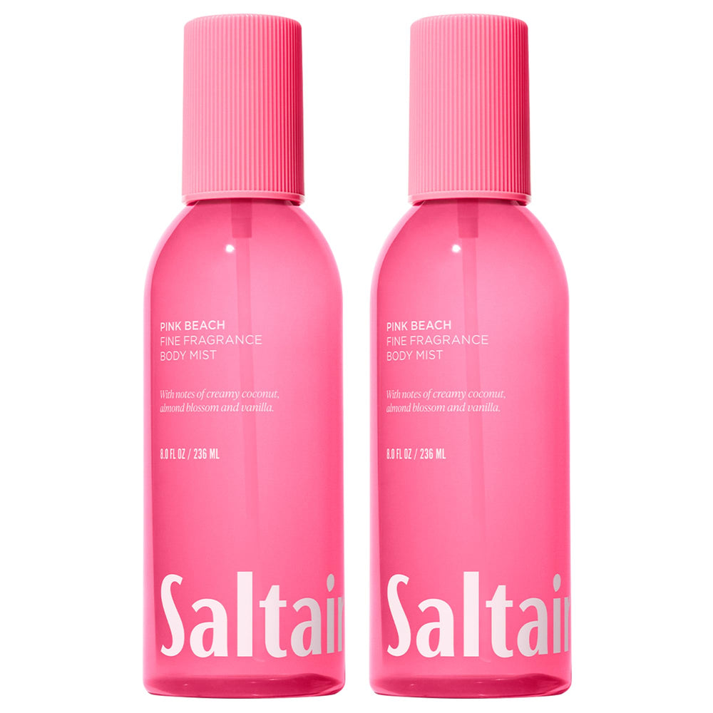 Saltair front packaging showing two 8 oz Pink Beach bottles and branding benefits