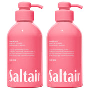 Saltair front packaging showing two pink beach pump bottles for easy use