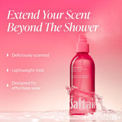Saltair spray close-up capturing mist nozzle and fine, even fragrance delivery