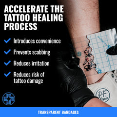Saniderm applied on arm over fresh ink showing secure protection and visibility