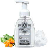 Saniderm front label on travel foaming soap showing brand clarity and easy identification