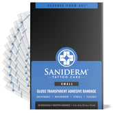 Saniderm front pack showing 4x4 ten-sheet pack and clear labeling benefit protection