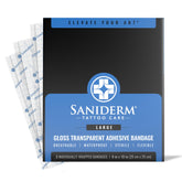 Saniderm front packaging shows three sealed 8x10 sheets and ease of use benefit