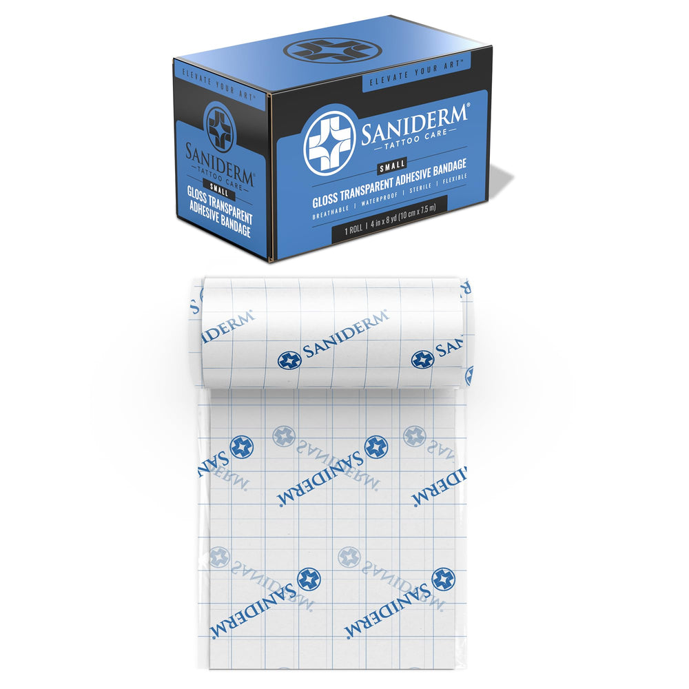 Saniderm roll front packaging showing brand and size, protects tattoos cleanly