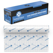 Saniderm roll front view showing label and dimensions for clear identification and trust