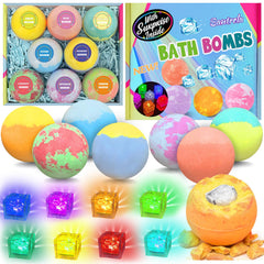 Santrela front box packaging showing eight wrapped bath bombs and toys benefits gifting