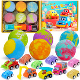 Santrela front packaging showing six wrapped bath bombs and included toy cars, gift-ready