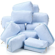 Sanwuta front view of 12 striped pouches, neat storage benefit