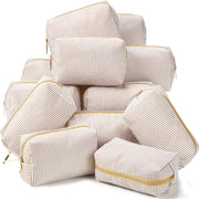 Sanwuta group of 12 khaki pouches front view showing uniform striped design and gift-ready look