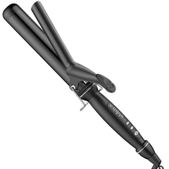 SAOSA front view of curling iron showing long barrel and clamp for faster styling
