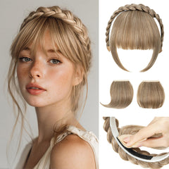 SARLA braided headband front view shows neutral beige and wearable design