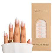 Sassy Saints front packaging showing neutral French gel strips and included tools