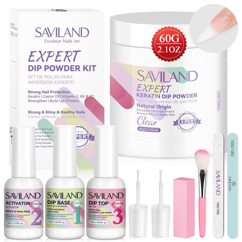 SAVILAND front packaging showing complete clear dip powder kit and tools for easy setup