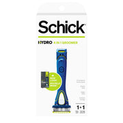 Schick Hydro groomer front packaging showing included refill and battery benefit convenience