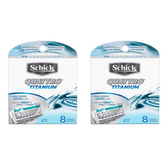 Schick Quattro showing front packaging and eight refill cartridges for reliable shaving