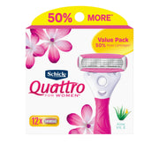 Schick Quattro Womens front packaging shows 12-count refills and easy restock benefit