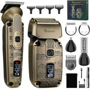 Scttomon front view of full trimmer and foil shaver kit showing compact storage and convenience