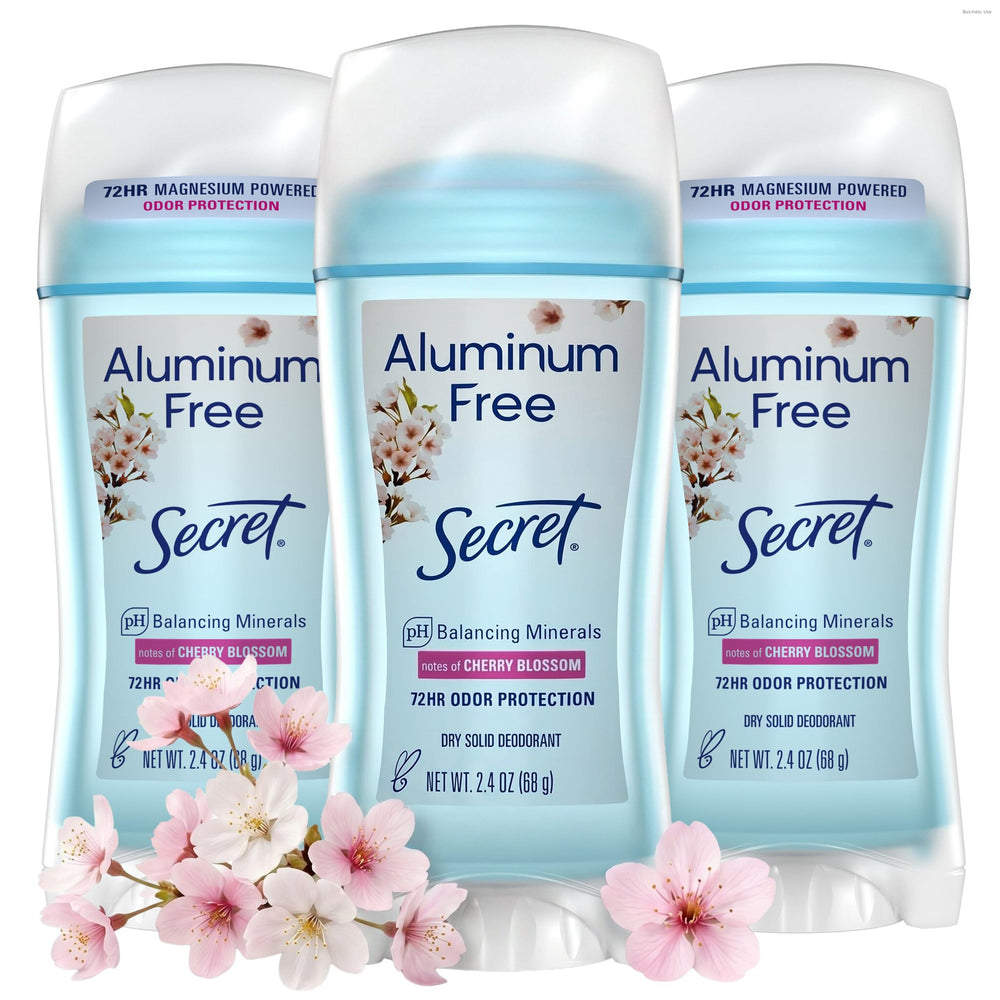 Secret front packaging showing cherry blossom scent and aluminum-free benefit