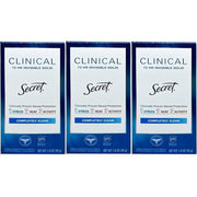 Secret clinical front packaging showing three sticks and clear labeling for confidence