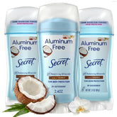 Secret front packaging three-pack showing coconut scent and travel-ready protection