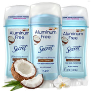 Secret front packaging three-pack showing coconut scent and travel-ready protection