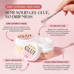 Applying GLUI to press-on nail demonstrates accurate placement and secure bond