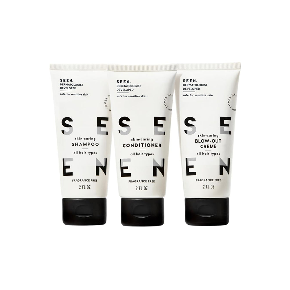 SEEN travel trio front packaging showing three fragrance-free mini bottles for easy packing