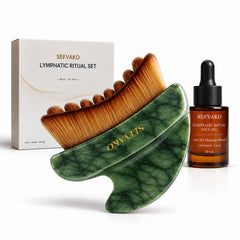 SEFVAKO front packaging showing the brush, oil, and jade gua sha for a premium ritual