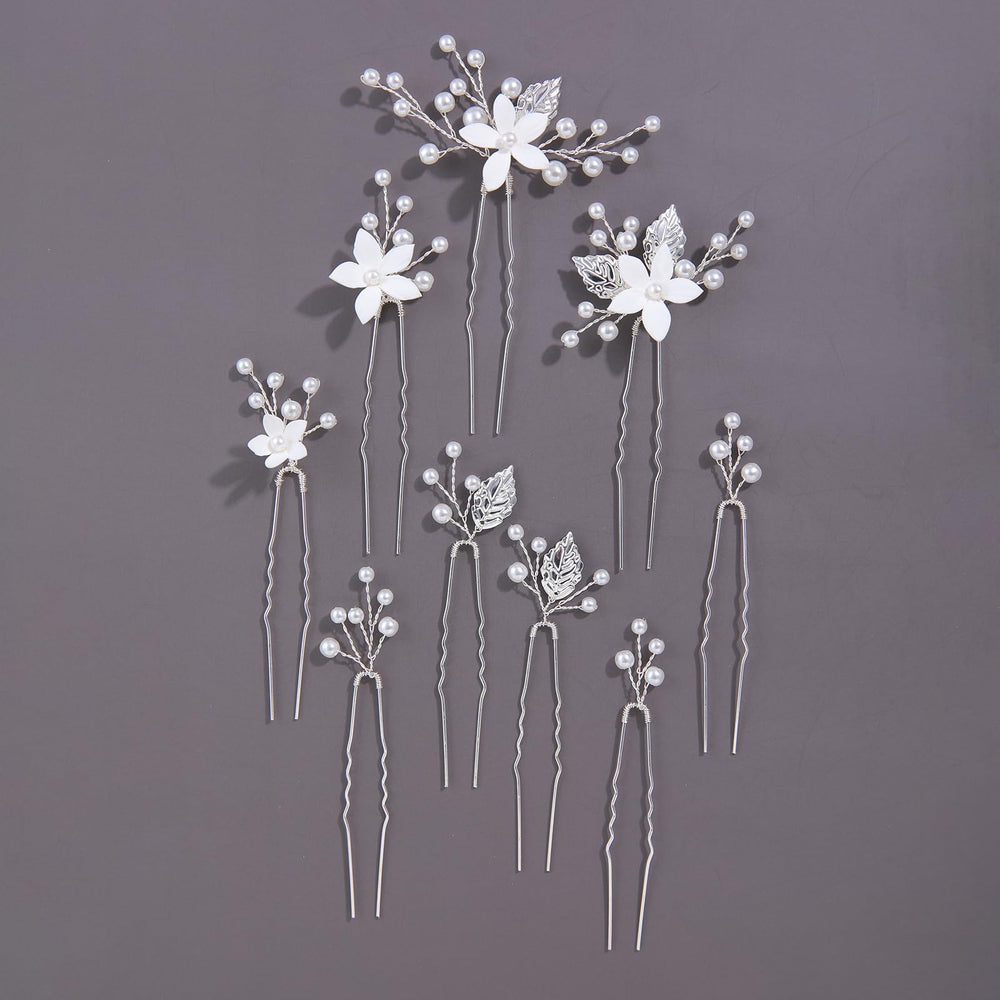 SELFCLOUD front view of nine silver pearl hair pins showing elegance and versatility