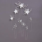 SELFCLOUD front view of nine silver pearl hair pins showing elegance and versatility