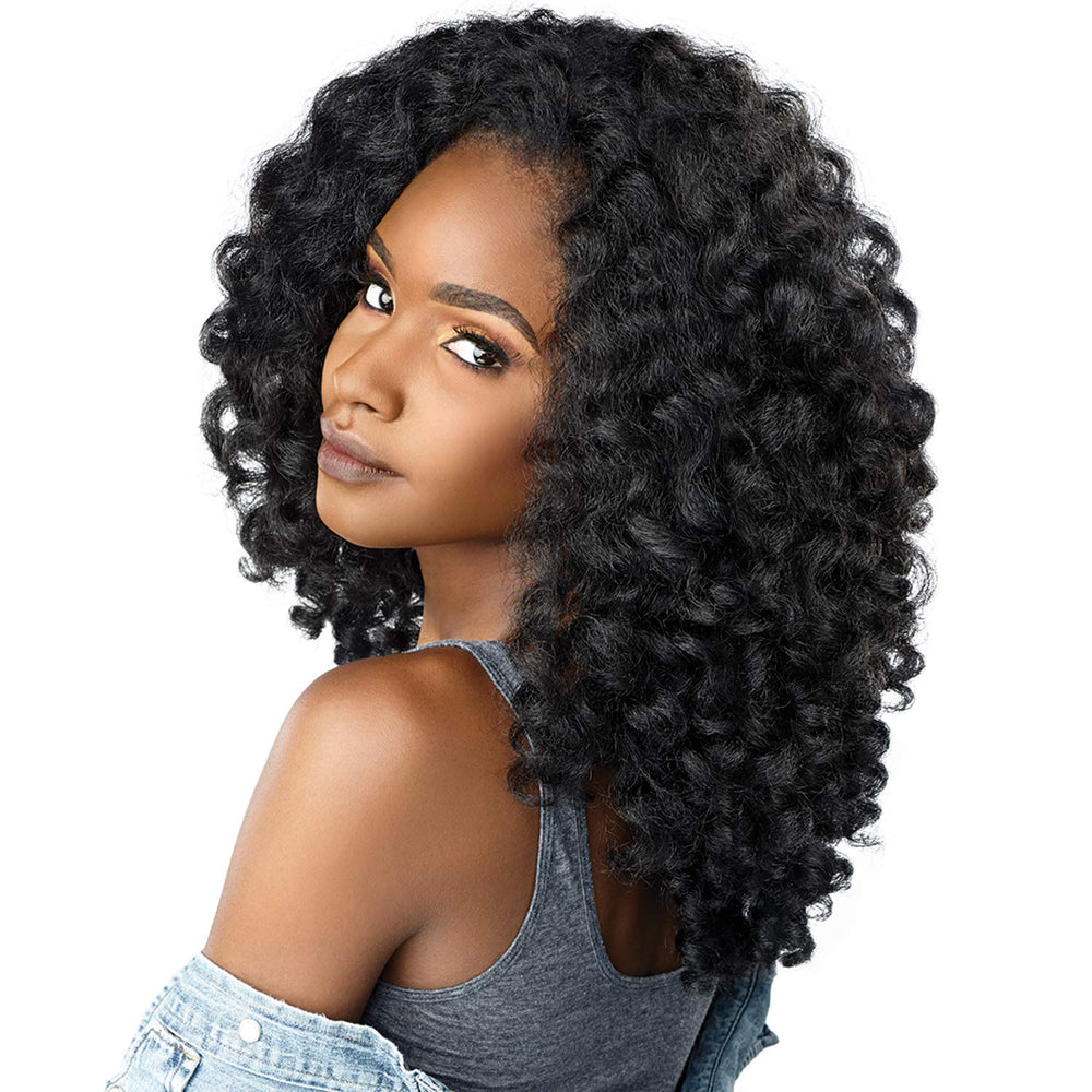 Sensationnel front view half wig on mannequin showing natural hairline and instant volume benefits