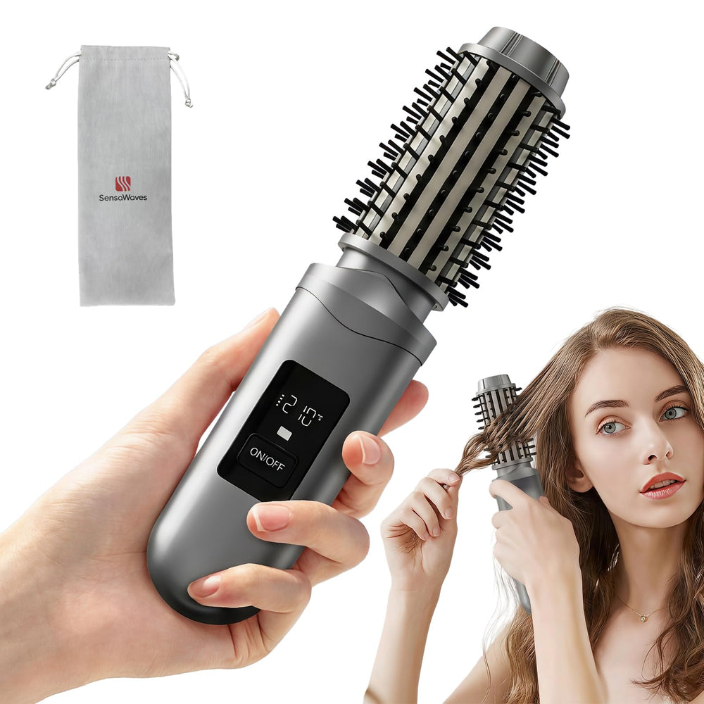 Sensawaves front view of cordless straightener brush showing sleek profile and handle for easy styling