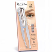 Sensica tweezers front packaging showing white finish and LED feature