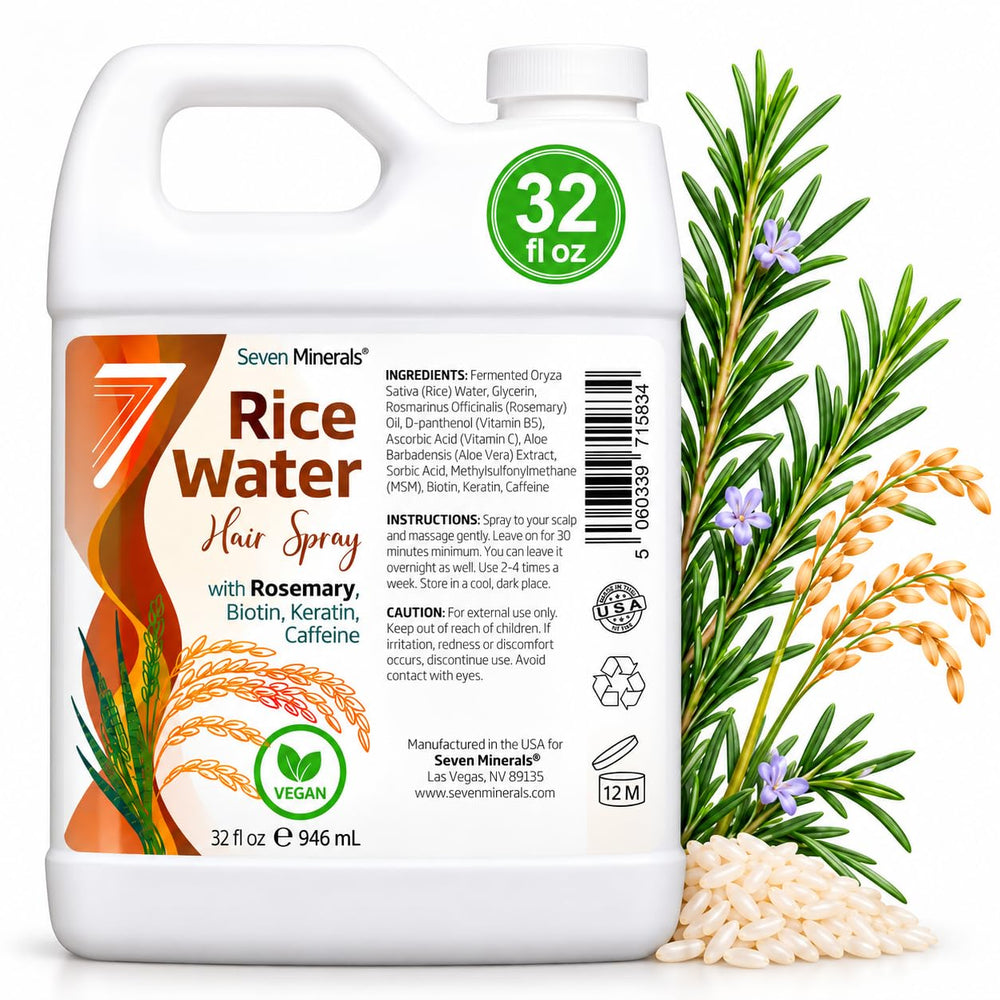 Seven Minerals front bottle showing rosemary rice water refill benefits