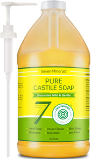 Seven Minerals front bottle showing clean unscented castile soap benefit gentle cleansing