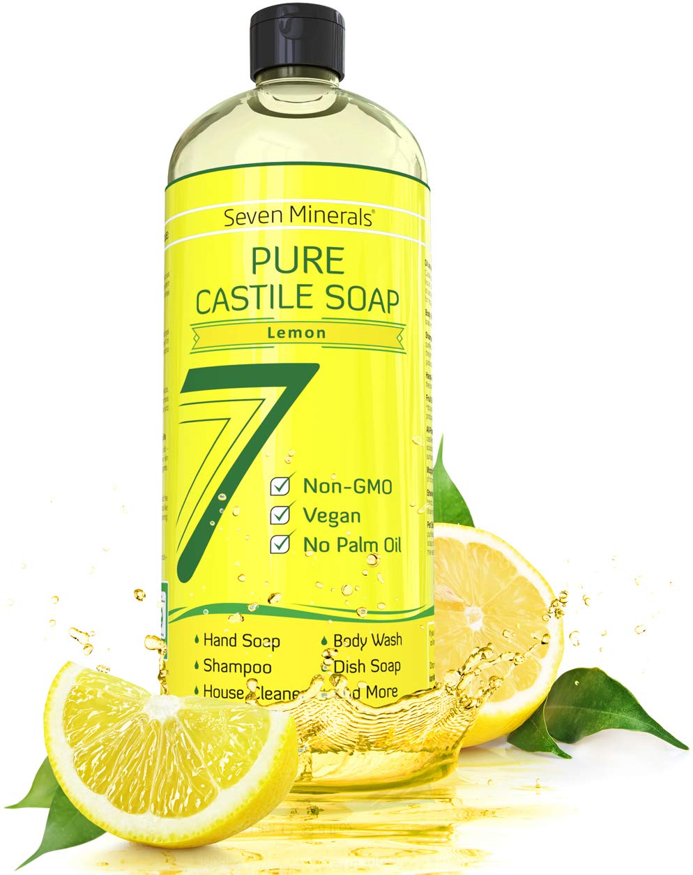 Seven Minerals front bottle view showing lemon Castile soap and eco benefits